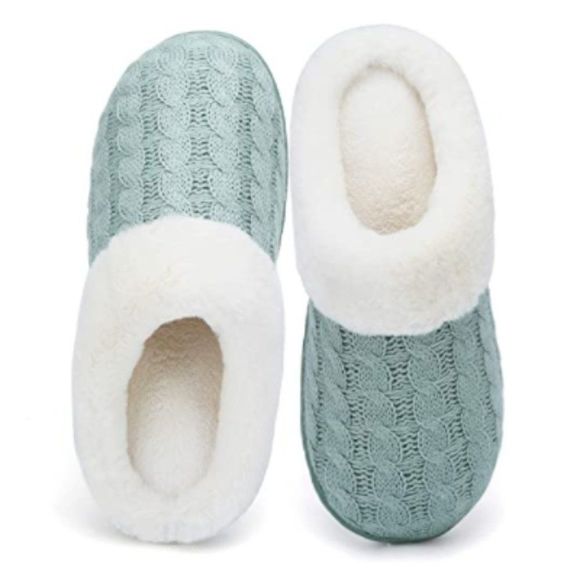 Women's Memory Foam Slippers Knitted Fur Collar House Shoes Anti